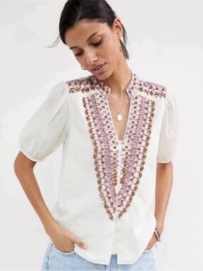Anthropologie Forever That Girl Beaded Embroidered Peasant Blouse Ivory 10P